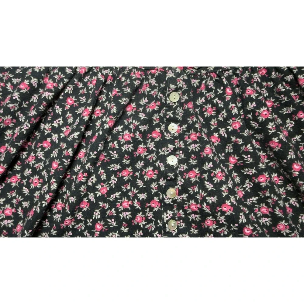 Eileen West Nightgown Womens Large Black Floral Long Sleeve Button‎ Lace Flannel